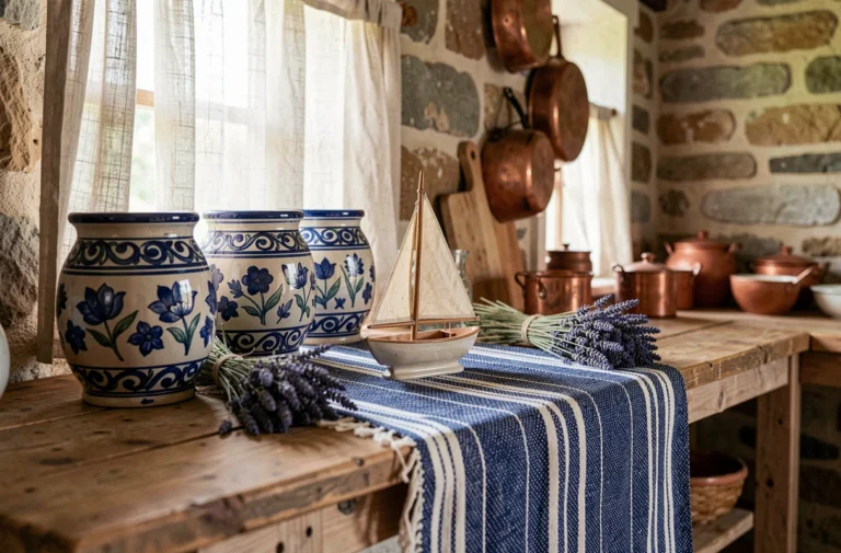 Étagère décorative bretonne avec faïence peinte à la main, accessoires marins et tissus rayés bleu marine dans une cuisine rustique en pierre