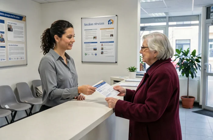 Une assistante sociale accueillant une retraitée à l'accueil d'un service social en France