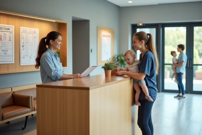 Accueil d'une structure d'activités de jour pour enfants avec personnel et parent à la réception
