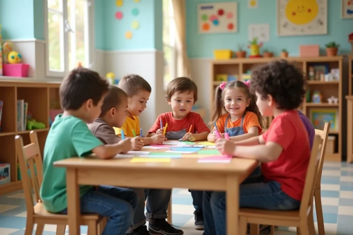 Groupe d'enfants en activité manuelle dans une salle d'accueil de jour décorée et colorée