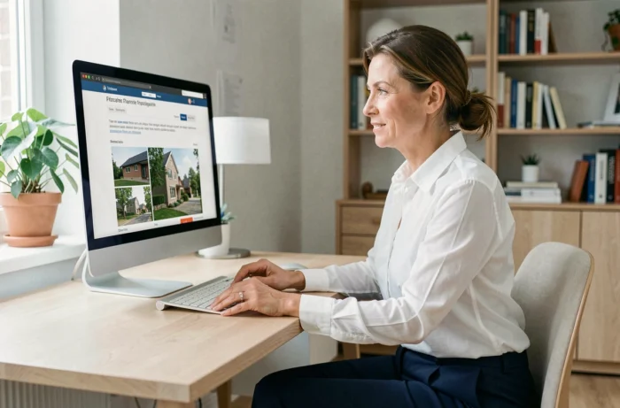 Femme professionnelle utilisant une agence immobilière digitale sur ordinateur dans un bureau moderne à domicile