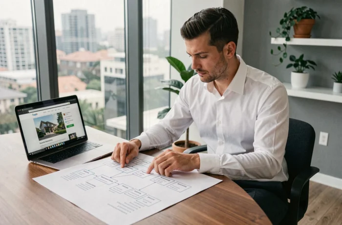 Agent immobilier analysant un diagramme de sitemap pour optimiser la visibilité d'un site immobilier