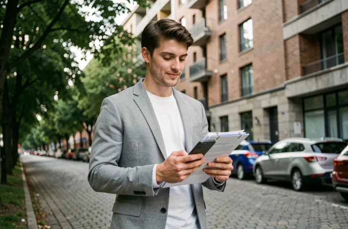 Agent immobilier digital consultant son smartphone devant un immeuble résidentiel moderne en milieu urbain