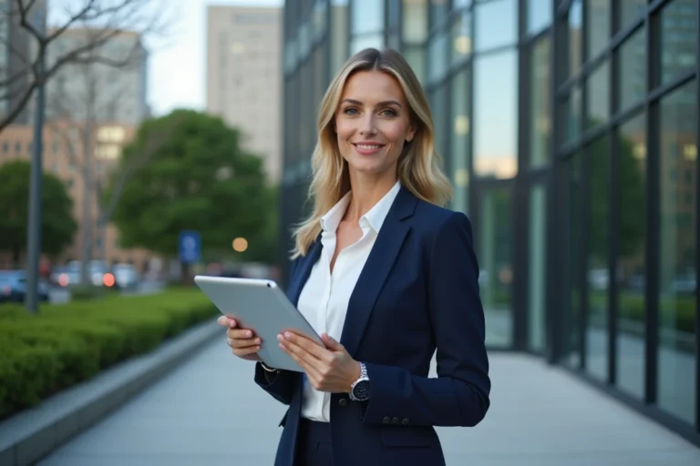 Agent immobilière professionnelle tenant une tablette numérique devant un immeuble résidentiel moderne en ville en 2024