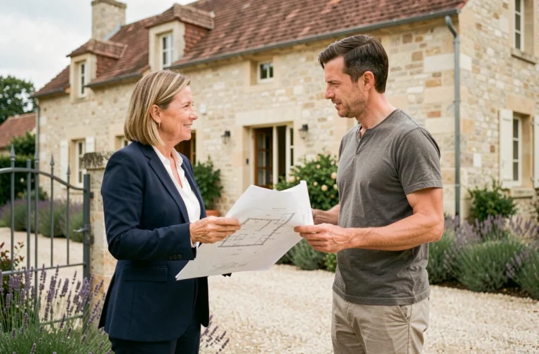 Agent immobilière et client devant une maison en pierre charentaise, conseils pour projet immobilier en Charente