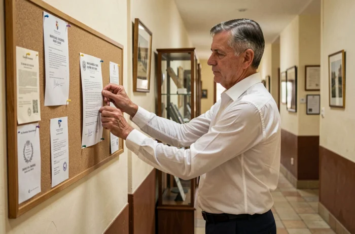 Agent municipal affichant un avis de publication des bans de mariage dans le couloir d'une mairie française, réglementation 2026