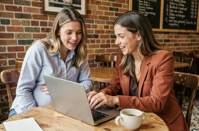 Two friends, one of whom is pregnant, consulting a maternity website together in an independent café