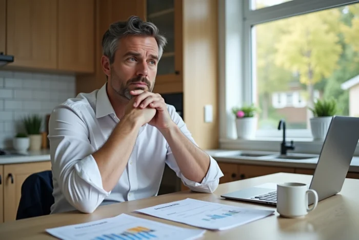 Homme analysant des documents de prêt immobilier à sa table de cuisine, symbolisant les avantages et inconvénients de l'achat immobilier