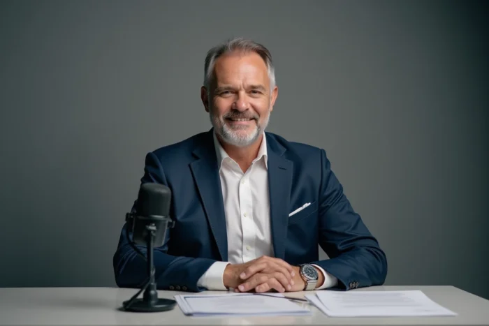 Animateur de télévision assis à un bureau de studio, portrait éditorial style reportage