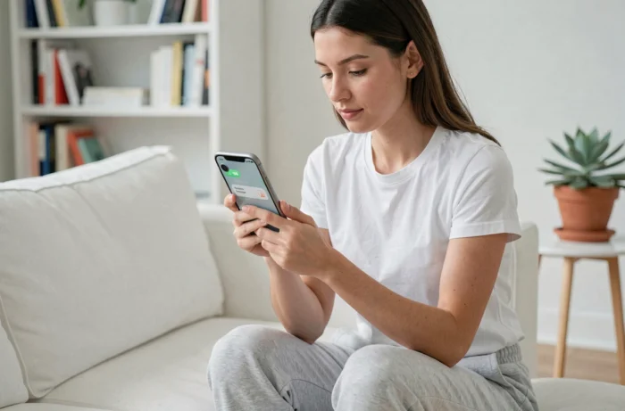 Femme assise chez elle sur un canapé blanc utilisant Apple Traduction sur iPhone avec l'interface de confidentialité locale affichée à l'écran
