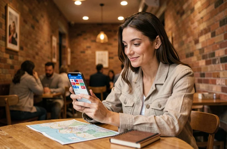 Femme dans un café tenant un smartphone avec une application de traduction affichant plusieurs drapeaux de langues, entourée d'une carte de voyage et d'un carnet