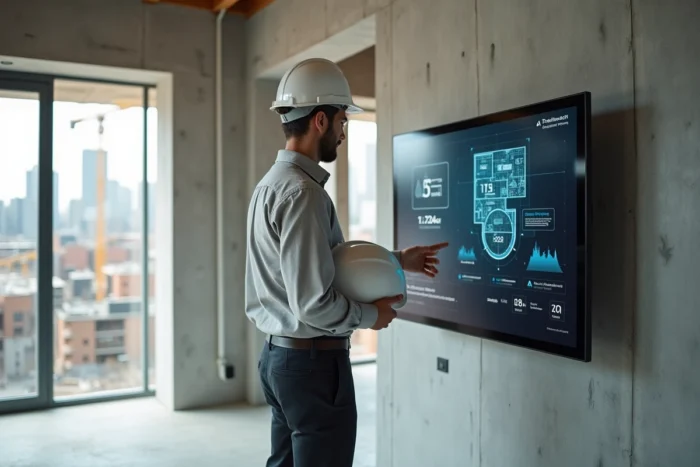 Architecte interagissant avec un panneau domotique intelligent dans une maison connectée en construction sur un chantier urbain en 2024