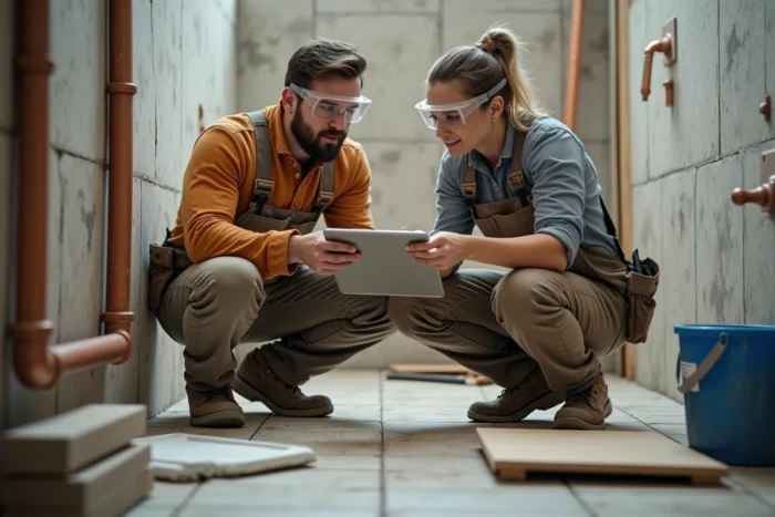 Deux artisans en tenue de chantier qui consultent un devis sur tablette dans une salle de bain en cours de rénovation