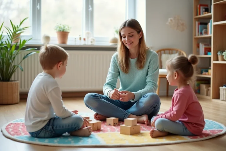 Babysitter professionnelle jouant avec des enfants dans un salon chaleureux, illustrant les services de garde proposés par Kids Sitter