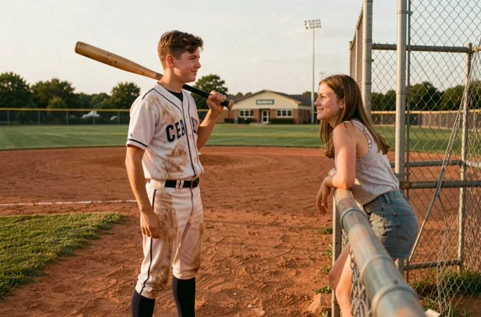 Adolescent en tenue de baseball sur le terrain et jeune fille regardant depuis l'abri, scène évoquant Cross Game