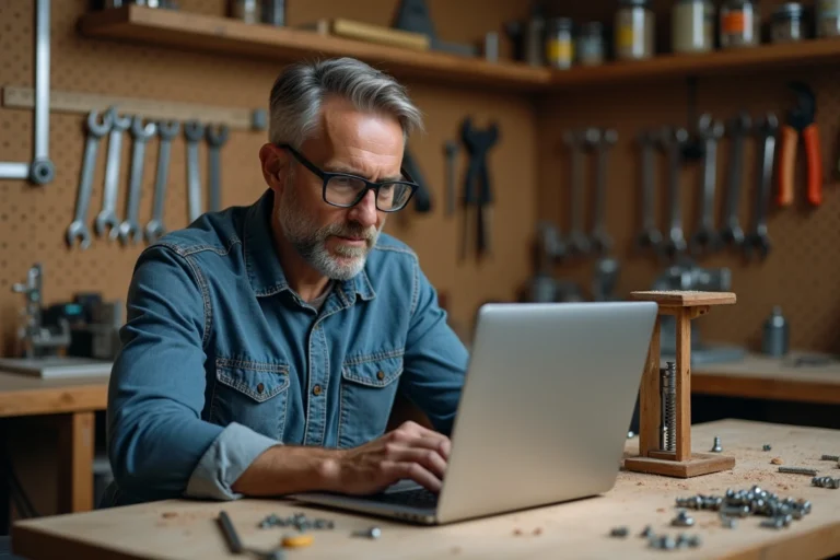 Bricoleur consultant un blog de bricolage sur son ordinateur portable dans un atelier bien équipé