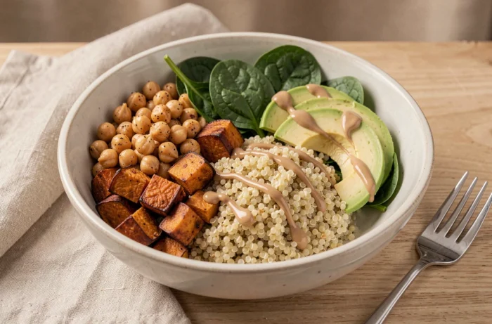 Buddha bowl with quinoa, roasted sweet potato, and crispy chickpeas with tahini sauce