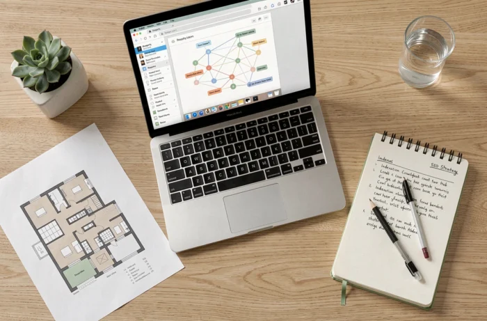 Bureau minimaliste avec sitemap visuel d'un site immobilier affiché sur ordinateur portable et notes SEO