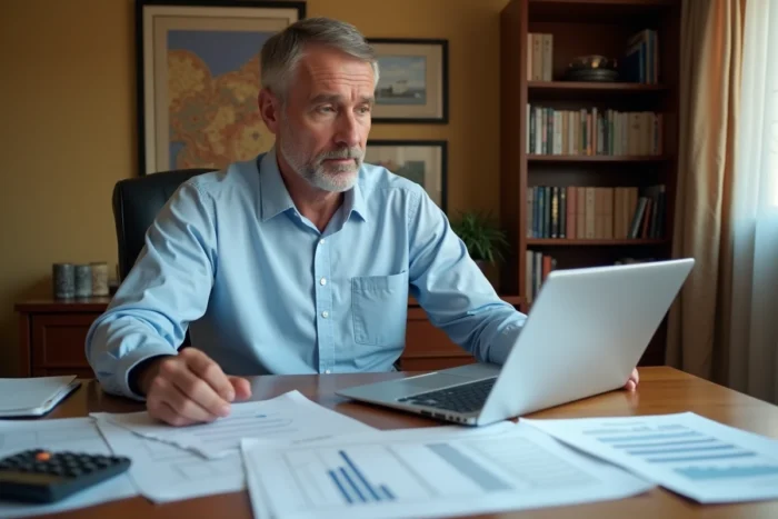 Comptable LMNP calculant l'amortissement d'un bien immobilier sur des feuilles de calcul posées sur un bureau en bois