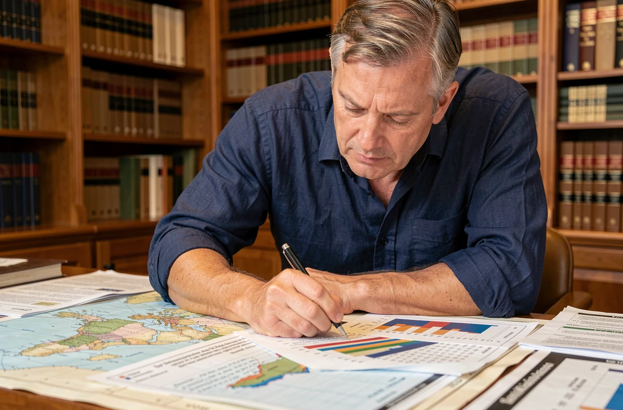 Cartographe analysant des données démographiques mondiales et des cartes de population pays par pays sur un bureau en bois