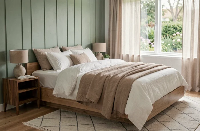 Chambre moderne apaisante avec lit plateforme, literie en coton bio et mur d'accent en lambris peint en vert sauge