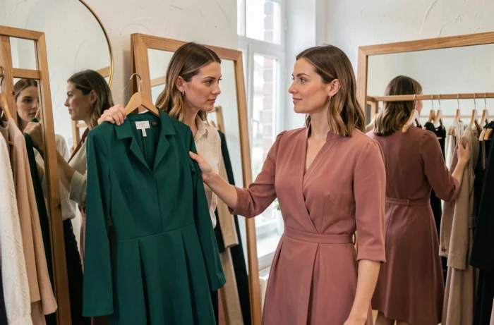 Deux femmes choisissant la robe idéale dans une boutique, comparant des modèles élégants adaptés au bureau et aux sorties