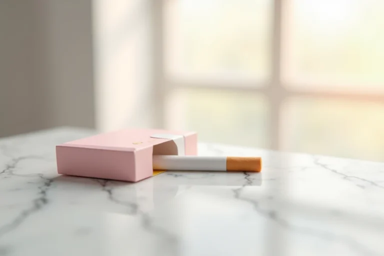 Paquet de cigarettes Vogue pastel rose posé sur marbre blanc avec une cigarette isolée en gros plan