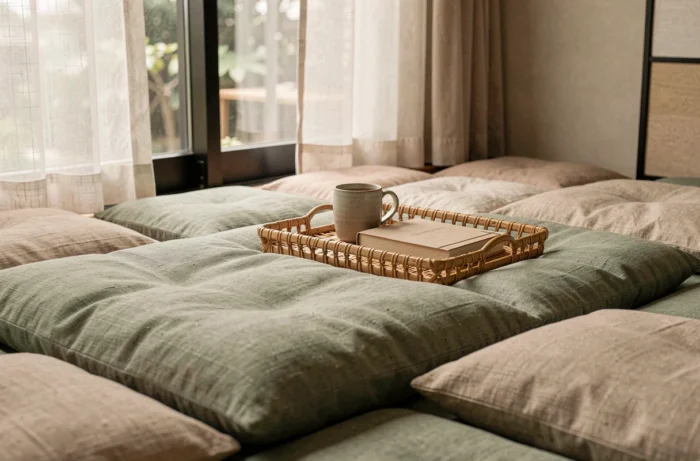 Coin détente bas avec plateforme de coussins en lin et coton, plateau en rotin et lumière tamisée pour un espace de relaxation intimiste