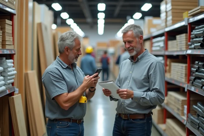 Deux bricoleurs comparant un blog et un forum de bricolage sur smartphone dans un magasin de bricolage