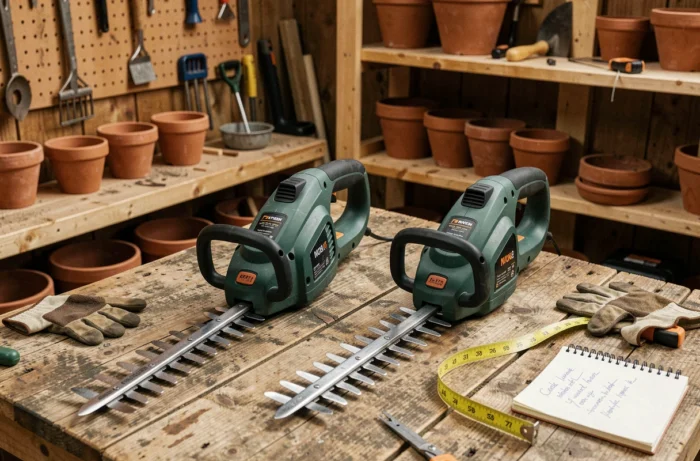 Comparaison de deux taille-haies électriques posés sur un établi en bois dans un atelier de jardin