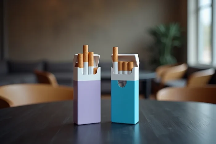 Comparaison de deux paquets de cigarettes Vogue pastel et bleue côte à côte sur bois sombre
