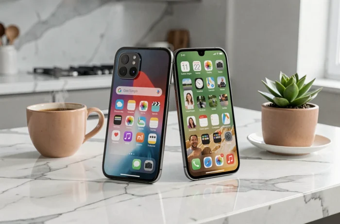 Deux smartphones Samsung Galaxy comparés côte à côte sur un comptoir en marbre blanc dans une cuisine moderne