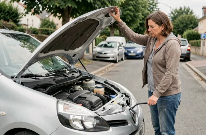 Conductrice inspectant le vase d'expansion de sa Renault Clio 3 en bord de route