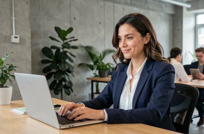 Une professionnelle du digital en blazer marine contacte une équipe web spécialisée depuis son bureau en open space moderne