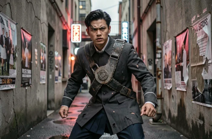 Cosplayer déguisé en personnage de Chainsaw Man dans une ruelle urbaine sombre et texturée