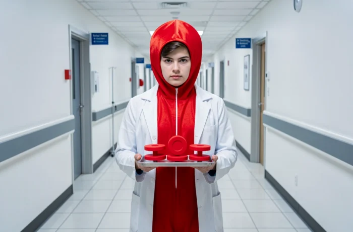 Personne déguisée en globule rouge dans un couloir d'hôpital, inspirée du manga Cells at Work!