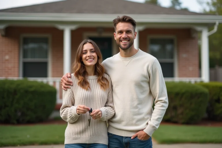 Couple tenant des clés devant leur nouvelle maison, illustrant l'achat immobilier et l'accession à la propriété
