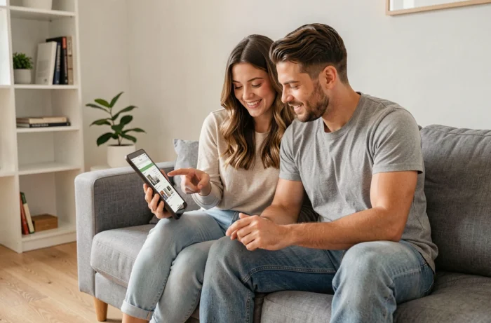 Couple cherchant des annonces immobilières en ligne sur une tablette dans un salon minimaliste