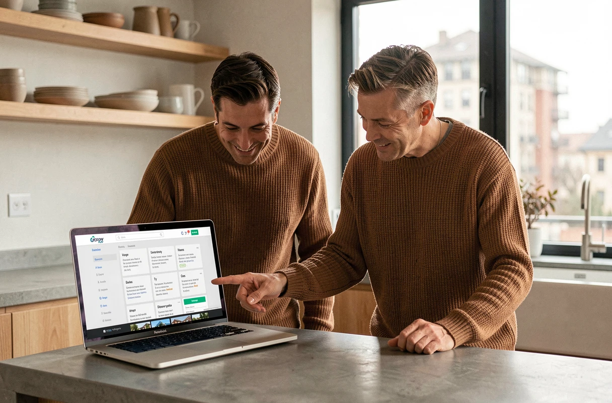 Couple consultant un sitemap de site immobilier sur un ordinateur portable dans une cuisine moderne