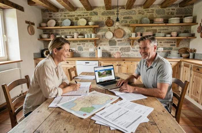 Couple étudiant des documents immobiliers dans une cuisine en pierre charentaise lors d'un projet d'achat immobilier