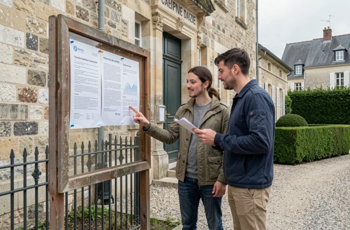 Couple lisant l'affichage des bans de mariage sur le panneau d'une mairie de l'Ouest de la France, nouvelles règles 2026