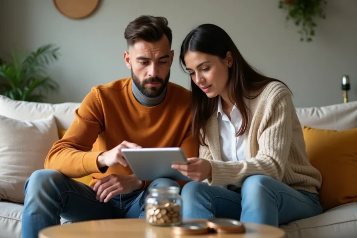Couple planifiant ensemble leurs économies et finances personnelles dans un salon confortable