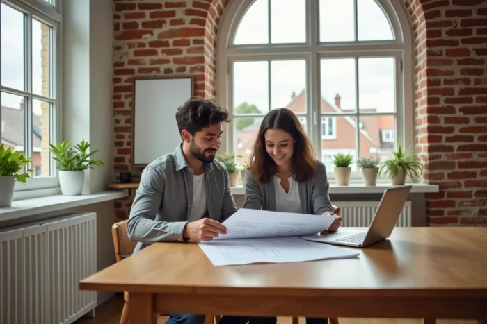 Jeune couple étudiant des plans immobiliers et des annonces en ligne dans un appartement rénové avec des murs en brique apparente