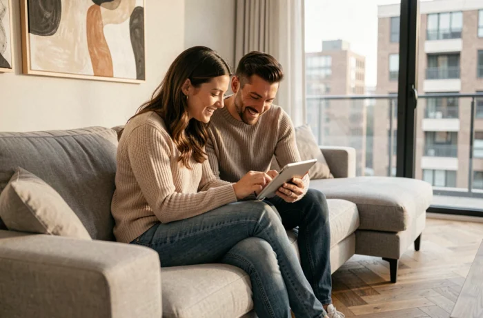 Couple recherchant des biens immobiliers en ligne sur tablette depuis leur salon via une plateforme digitale
