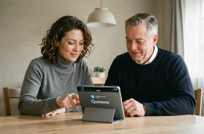 Couple de seniors explorant ensemble l'interface d'inscription Quintonic sur tablette