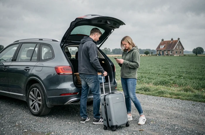 Couple chargeant des bagages dans le coffre d'un SUV de location dans la campagne belge