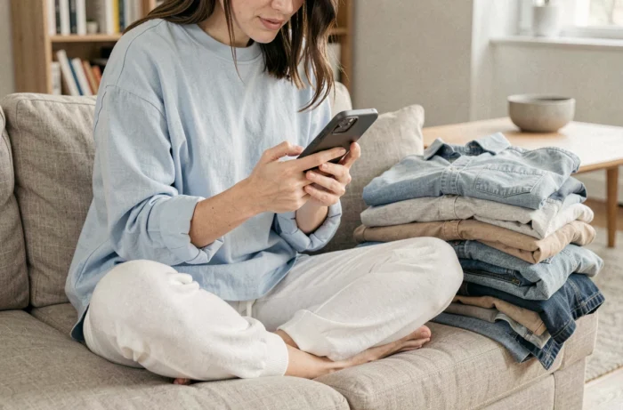 Jovem mulher criando uma nova conta Vinted no smartphone para aproveitar as taxas de envio gratuitas