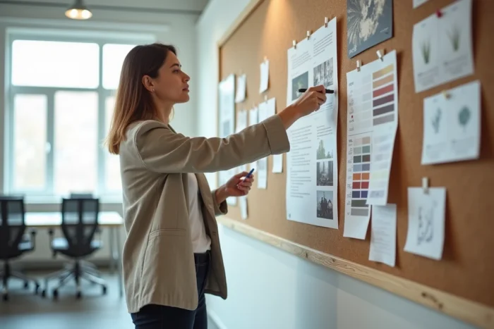 Créatrice engagée présentant un moodboard dans un espace de coworking moderne, illustrant son processus créatif entrepreneurial