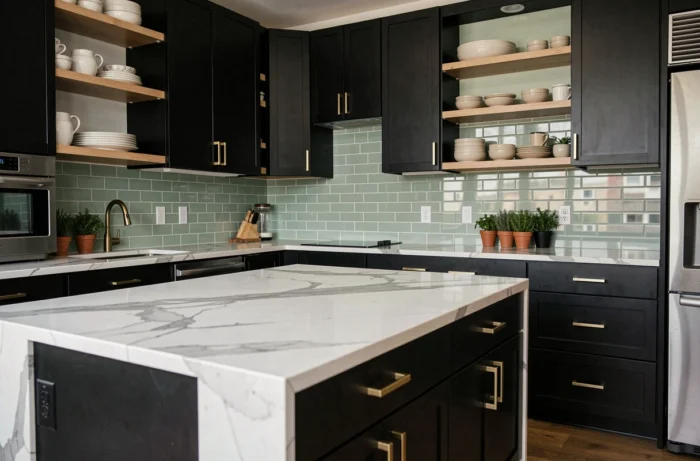 Cuisine contemporaine avec armoires noires matte, quincaillerie en laiton brossé et plan de travail en marbre blanc Carrara
