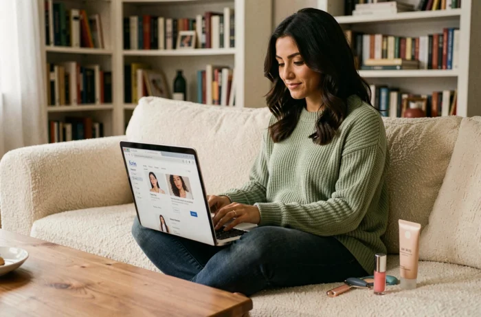 Woman discovering new beauty products online on her laptop from her living room, surrounded by cosmetics